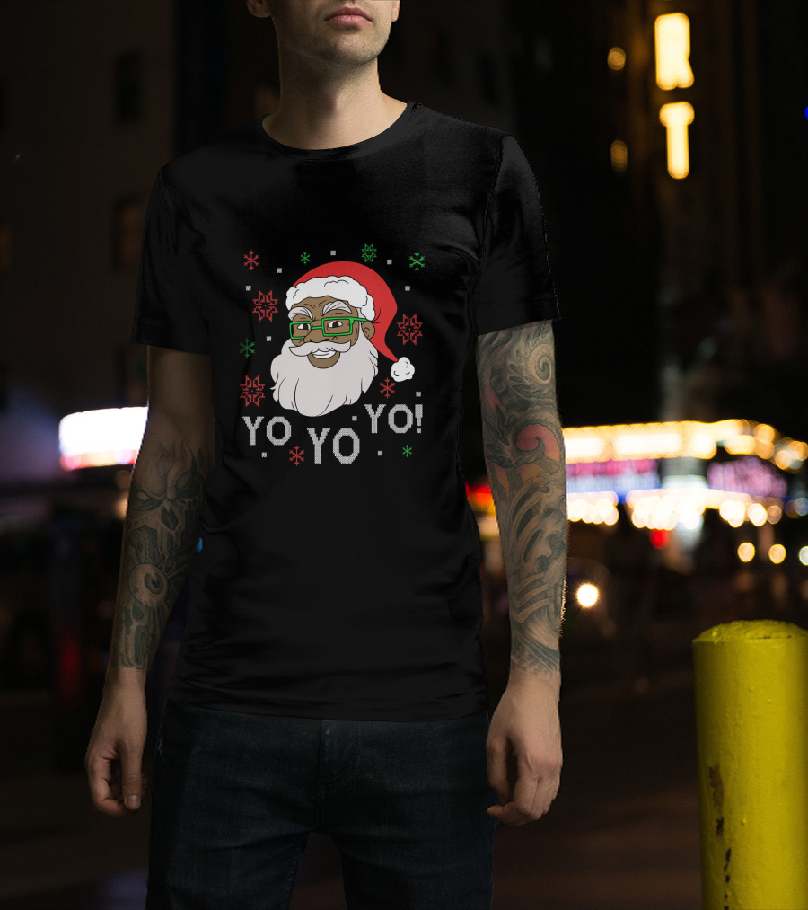 Yo Yo Yo Fun Black Santa Claus Christmas Snowflakes Glasses T-Shirt