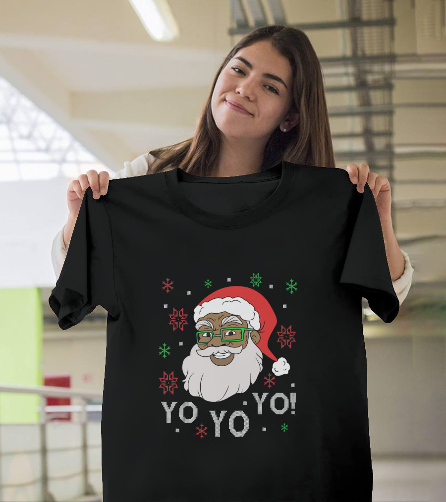 Yo Yo Yo Fun Black Santa Claus Christmas Snowflakes Glasses T-Shirt