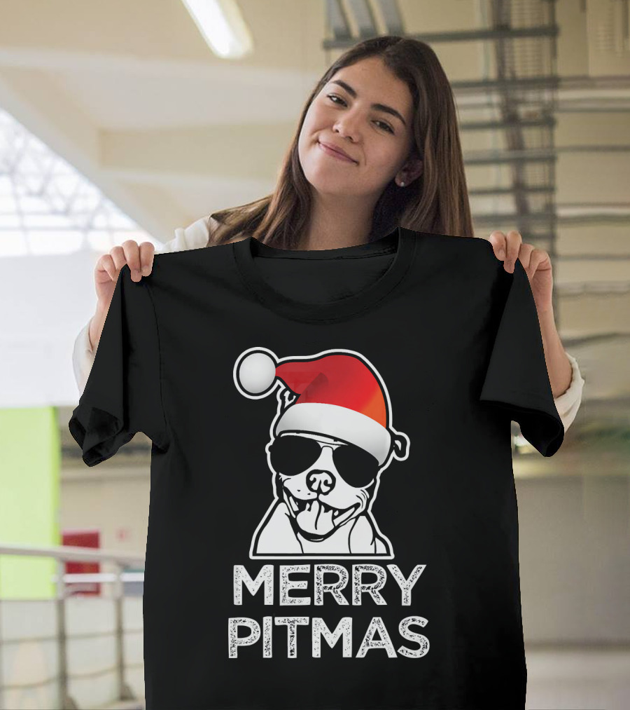 Merry Pitmas Funny Christmas Pitbull With Santa Hat And Sunglasses T-Shirt