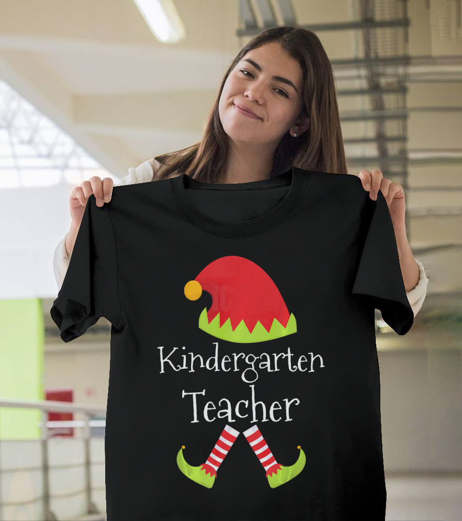 Kindergarten Teacher Christmas Elf Hat And Shoes Matching T-Shirt