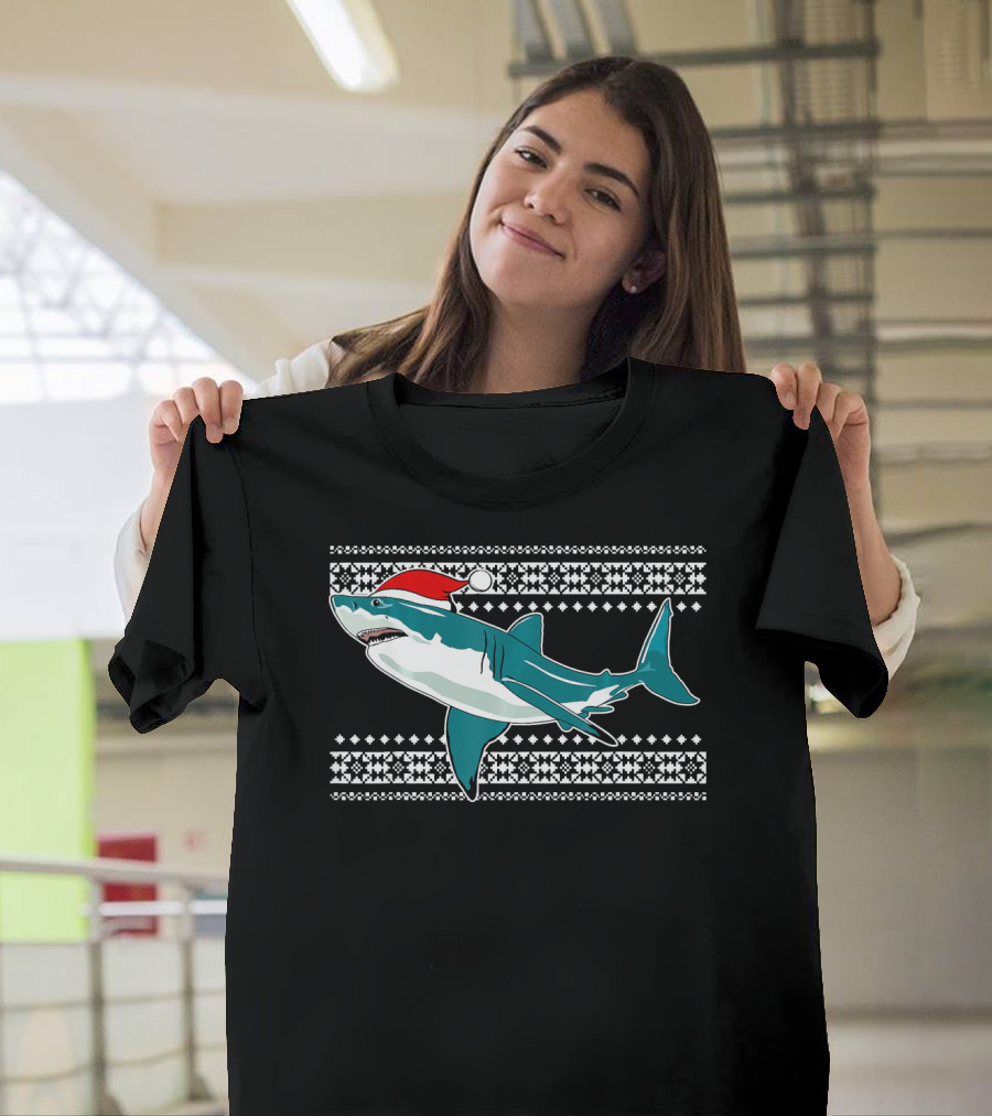 Christmas Shark with Santa Hat Ugly T-Shirt