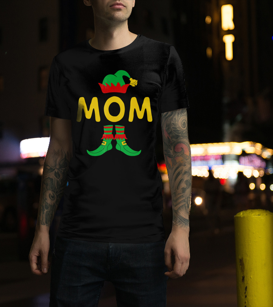 Mom Elf Funny Christmas Family Mat Festive Green And Red T-Shirt