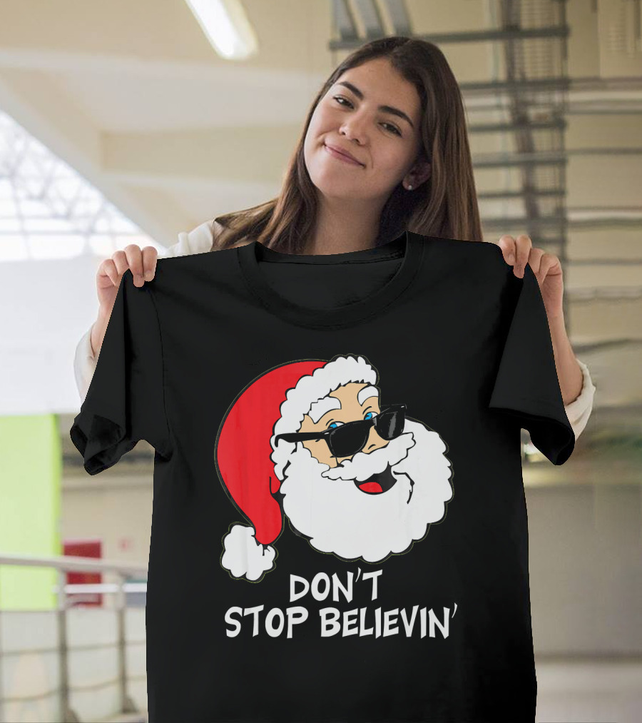 Don't Stop Believin' Santa with Sunglasses Christmas Co T-Shirt