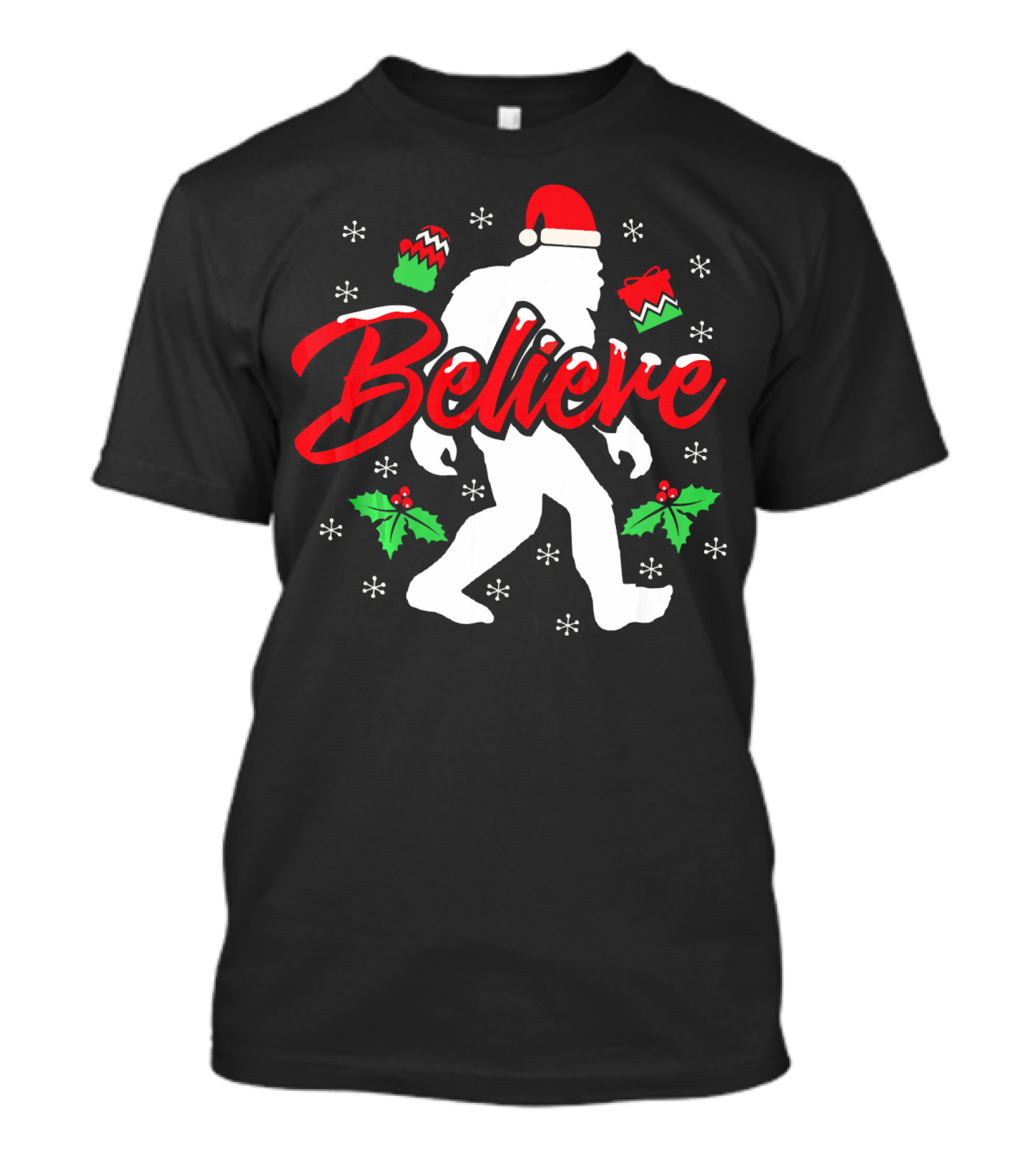 Believe Bigfoot Christmas Santa Hat Snowflakes Holly T-Shirt