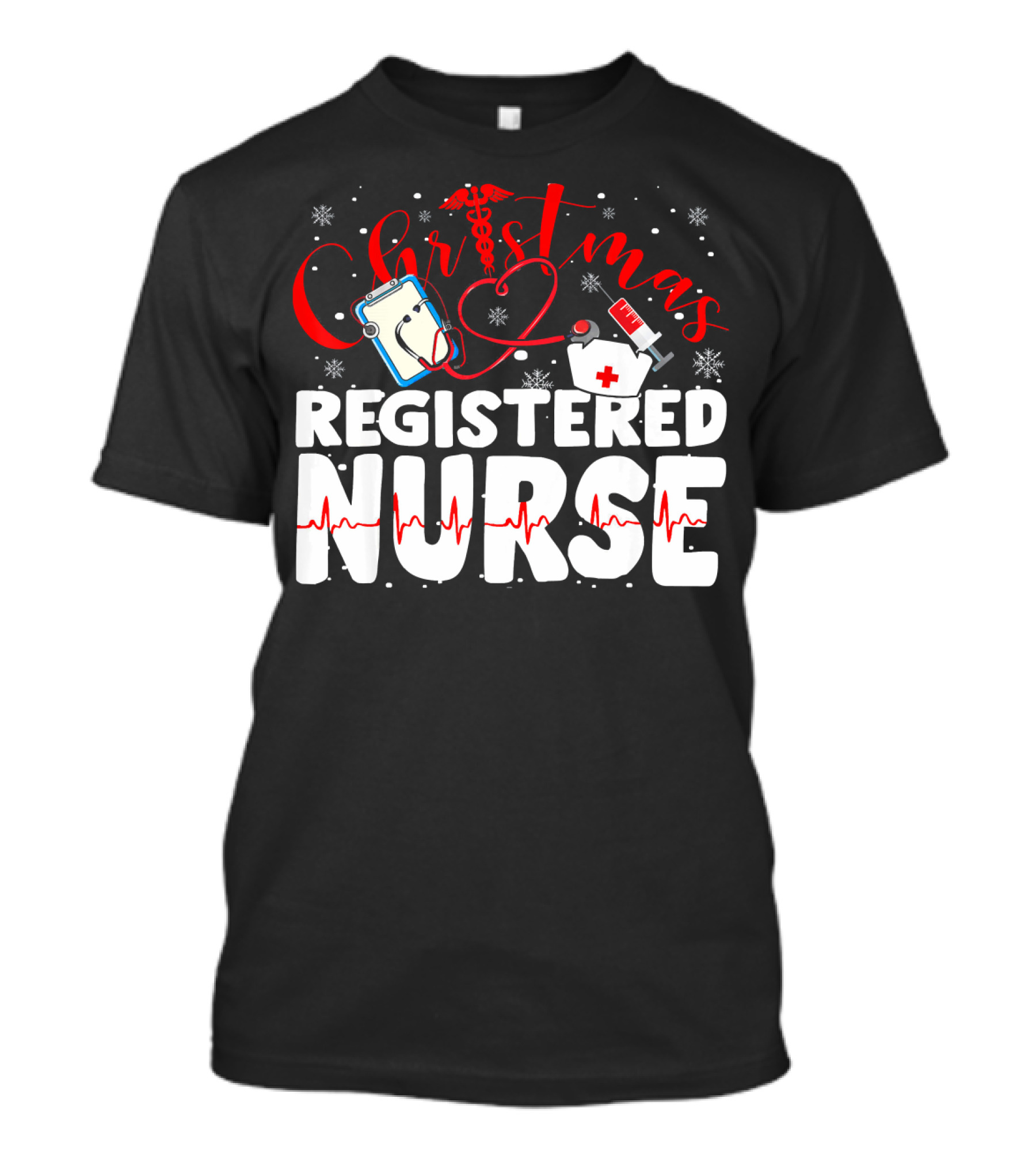 Christmas Registered Nurse With Medical Icons And Heartbeat T-Shirt
