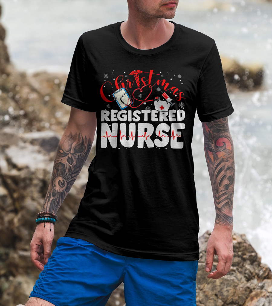 Christmas Registered Nurse With Medical Icons And Heartbeat T-Shirt