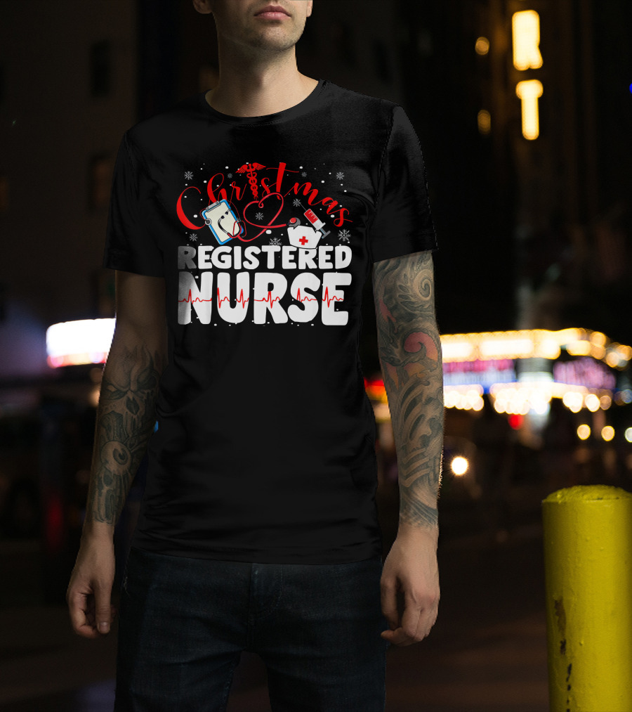 Christmas Registered Nurse With Medical Icons And Heartbeat T-Shirt