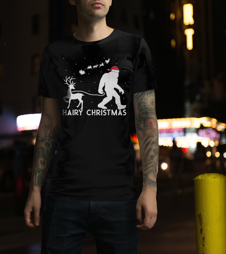 Hairy Christmas Bigfoot Santa Reindeer Snow Scene T-Shirt
