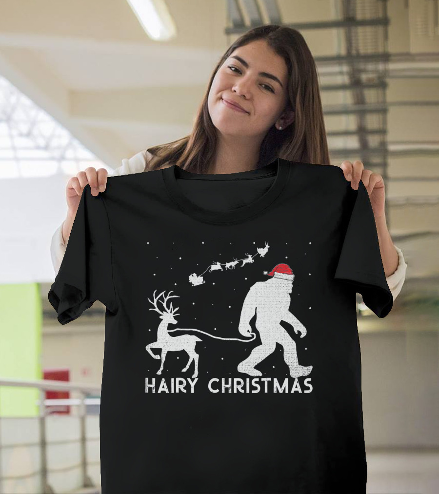 Hairy Christmas Bigfoot Santa Reindeer Snow Scene T-Shirt