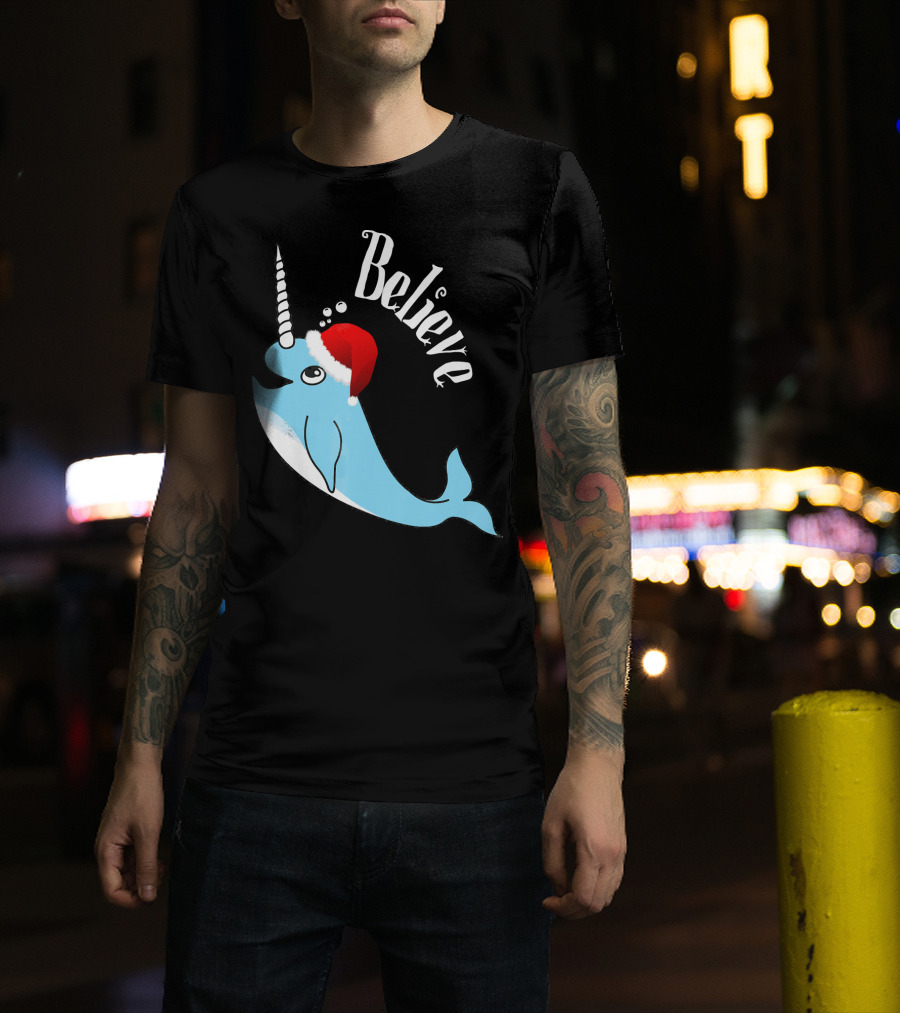 Believe Narwhal Christmas Cute Unicorn Santa Hat T-Shirt