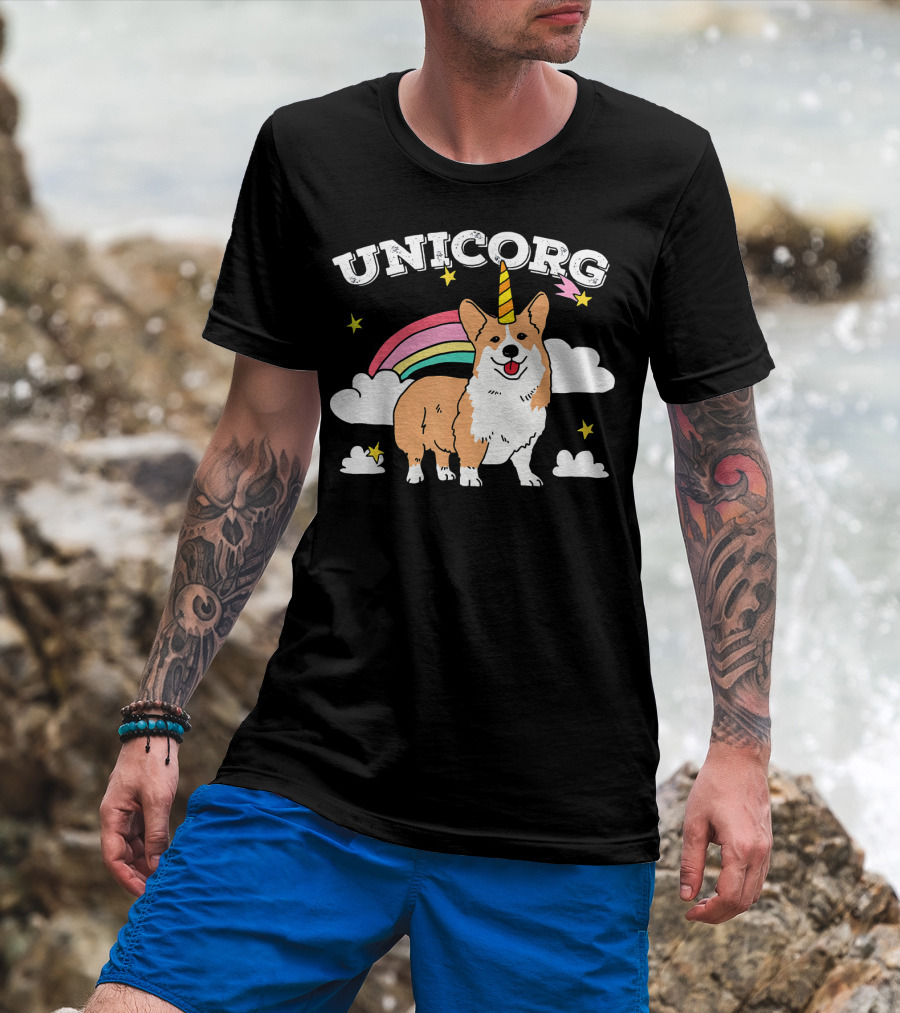 Unicorg Rainbow Unicorn Corgi With Stars And Clouds Birthday T-Shirt