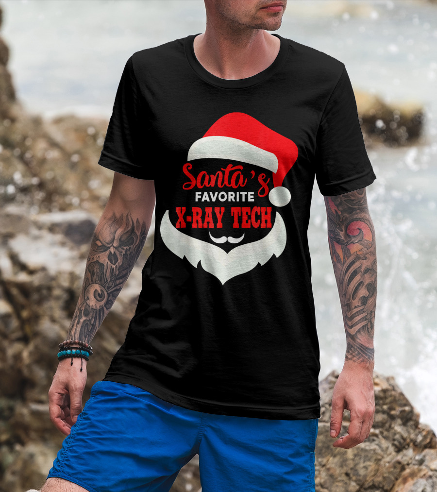 Santa's Favorite X-Ray Tech Christmas Santa Hat And Beard T-Shirt