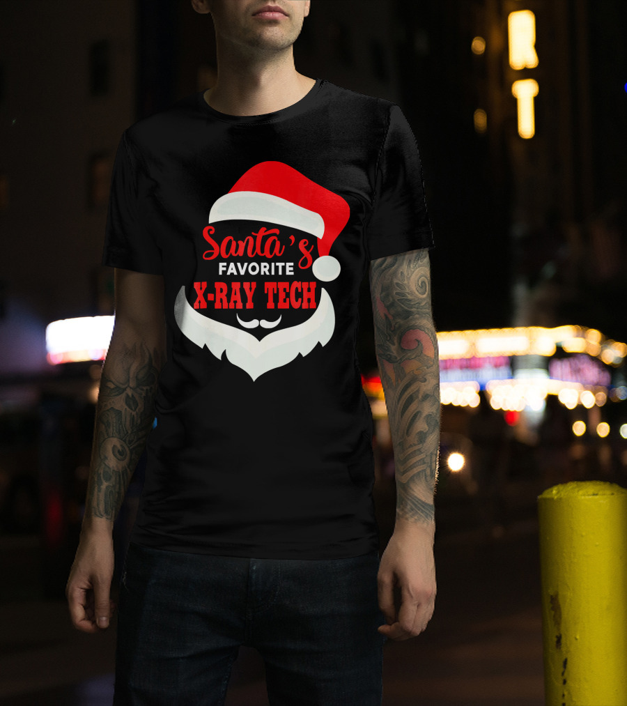 Santa's Favorite X-Ray Tech Christmas Santa Hat And Beard T-Shirt