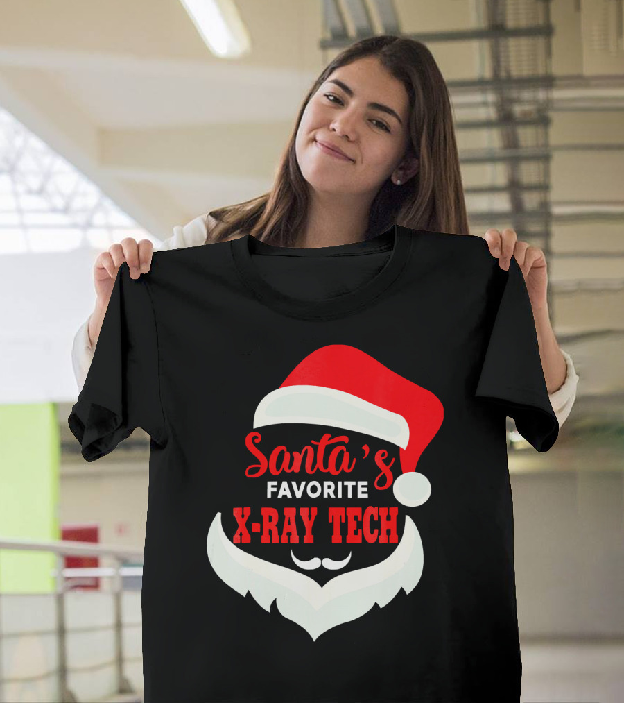 Santa's Favorite X-Ray Tech Christmas Santa Hat And Beard T-Shirt