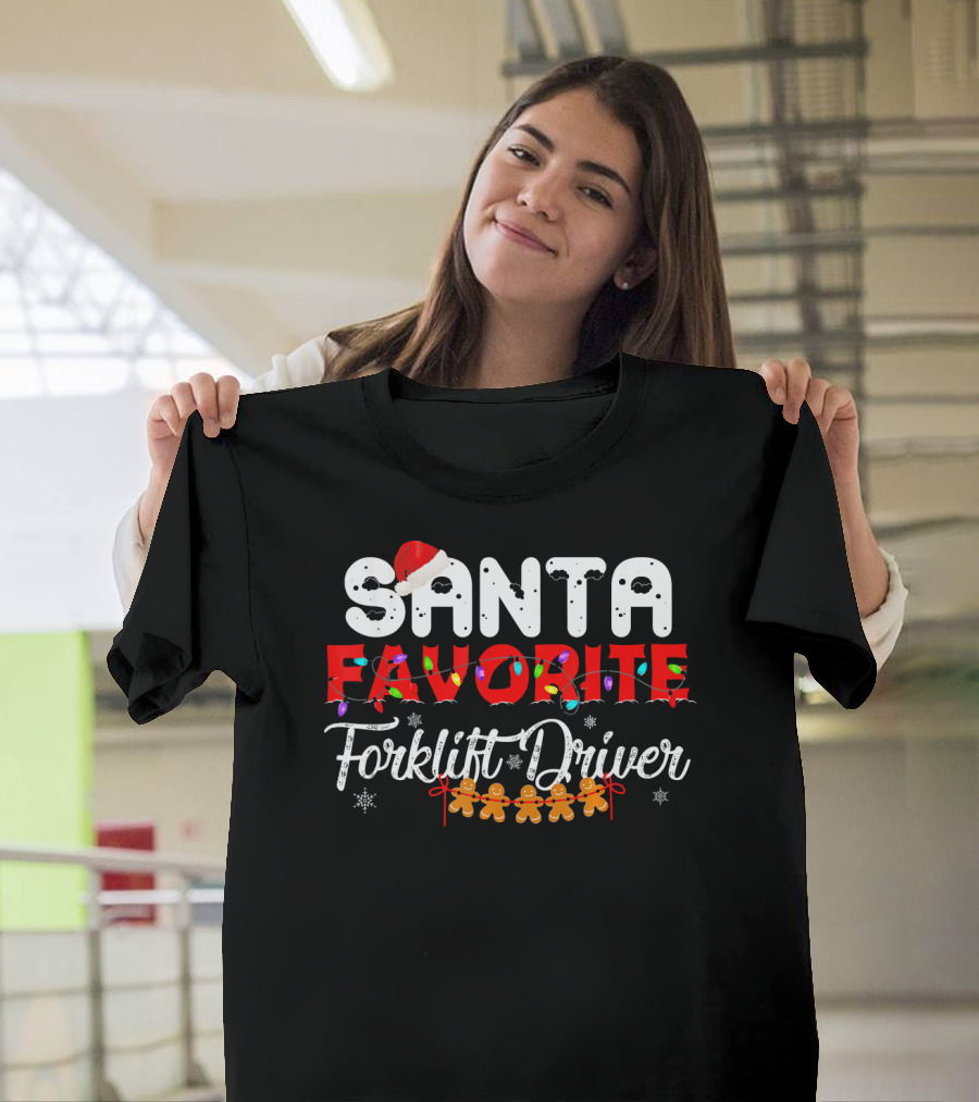 Santas Favorite Forklift Driver Christmas Gingerbread Lights T-Shirt