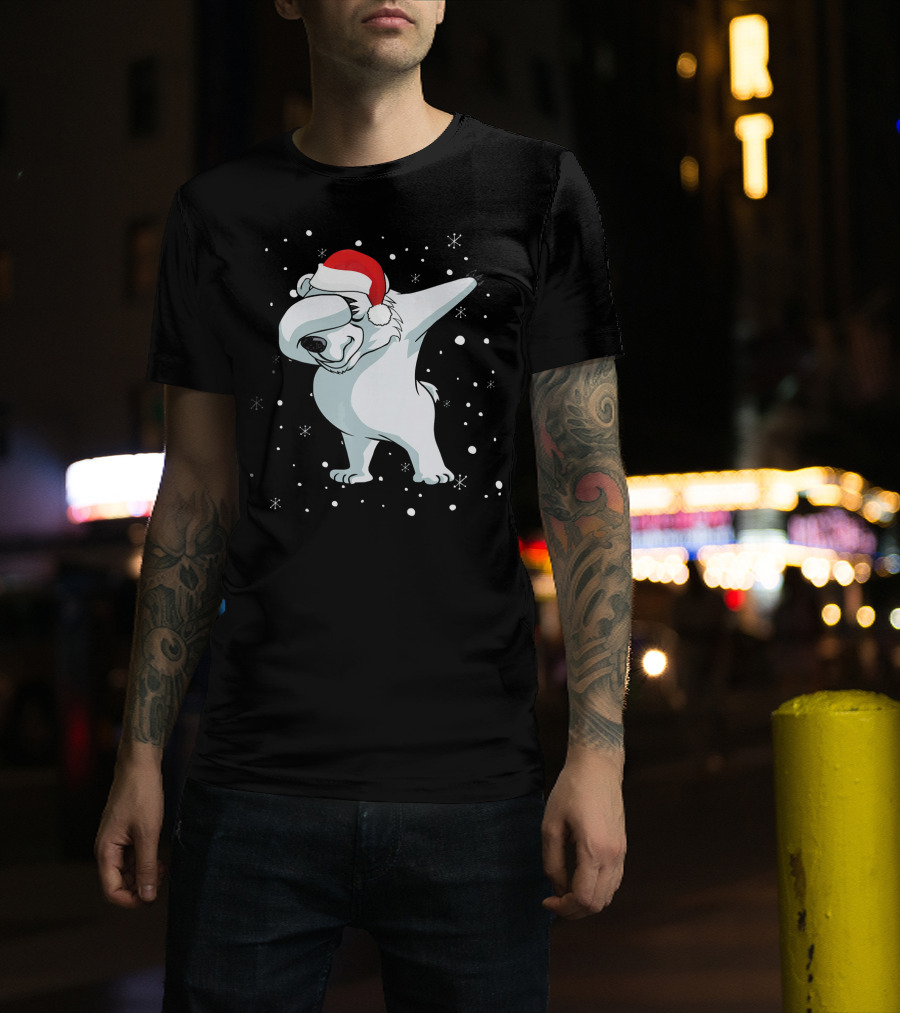 Santa Hat Dabbing Polar Bear Snowflakes T-Shirt
