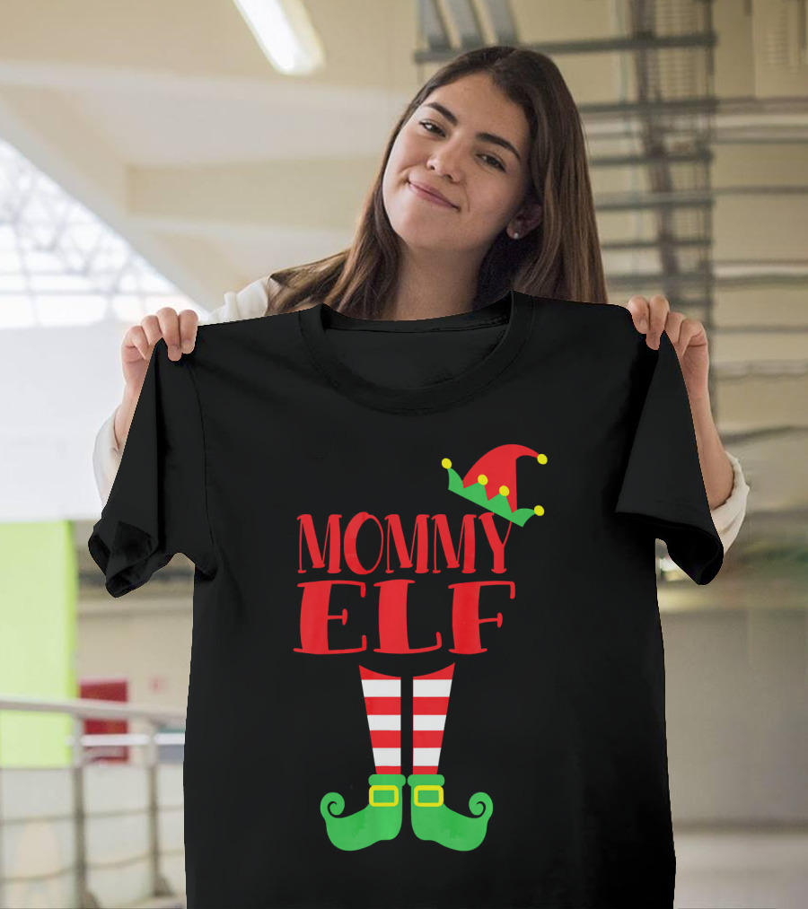 Mommy ELF Christmas Hat and Striped Socks Festive Season T-Shirt