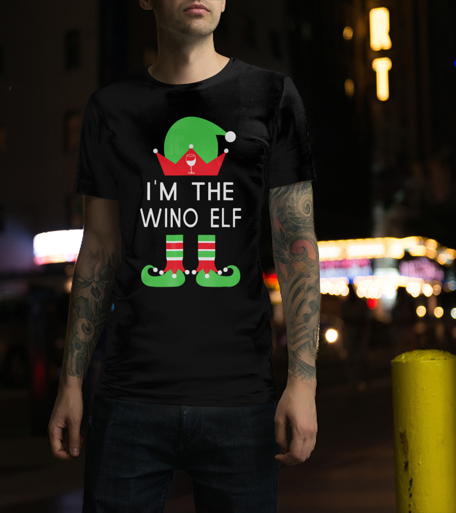 I'm The Wino Elf Funny Christmas Wine Green Red Hat And Striped Socks T-Shirt