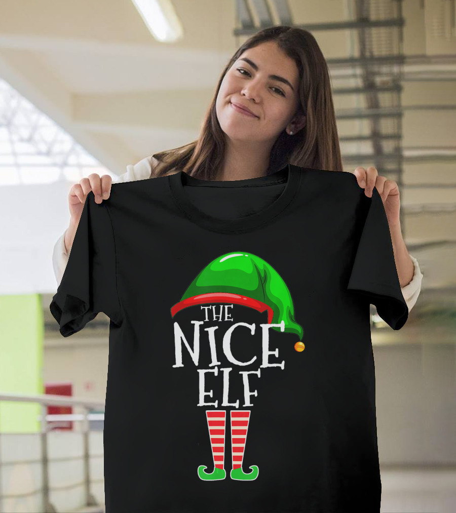 The Nice Elf Group Matching Family Christmas Hat and Striped Leg T-Shirt