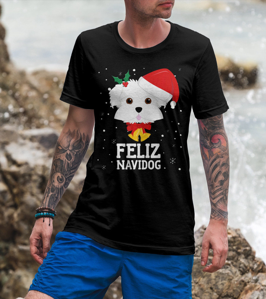 Feliz Navidog Christmas Dog In Santa Hat Maltese T-Shirt