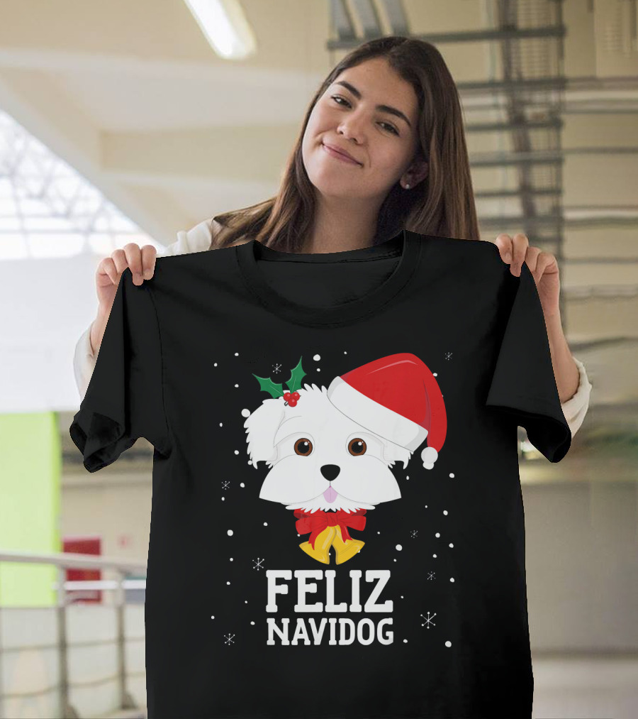 Feliz Navidog Christmas Dog in Santa Hat Maltese T-Shirt