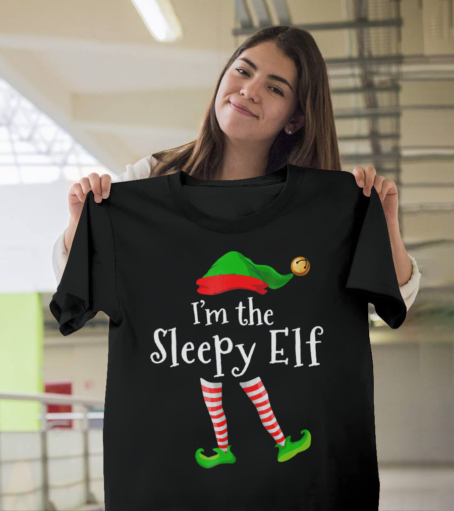 I'm the Sleepy Elf Green Hat Striped Stockings Jingle Bell T-Shirt