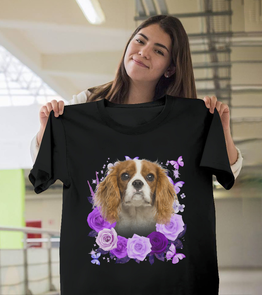 Purple Bloom with Flowers and Butterflies Featuring Cavalier King Charles Spaniel Floral Arrangement T-Shirt