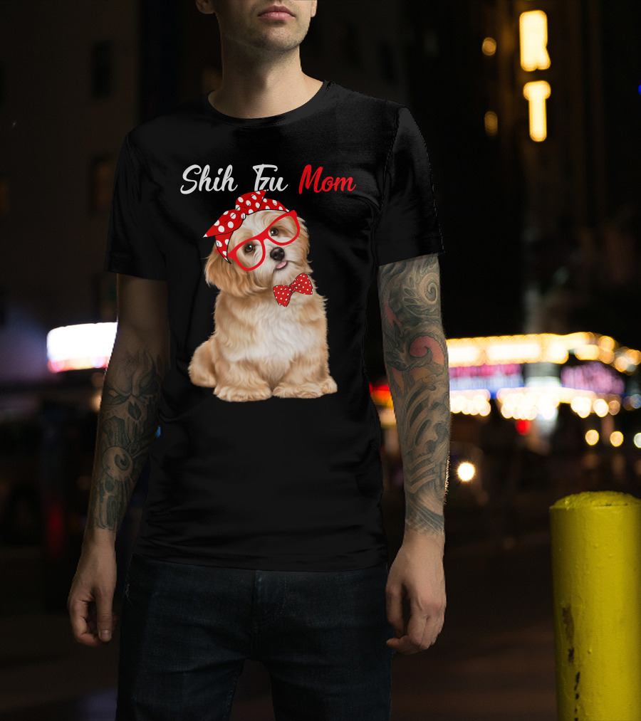 Shih Tzu Mom Red Glasses And Polka Dot Bow Accessories T-Shirt