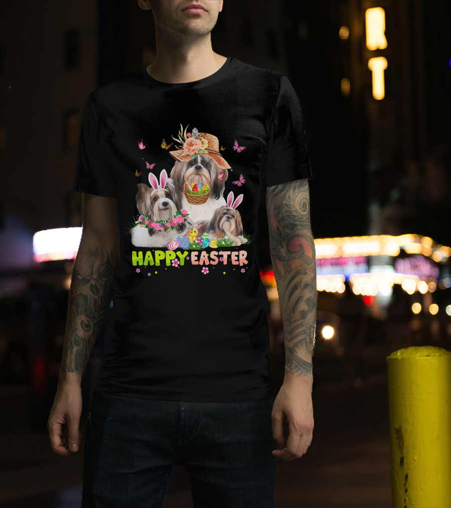 Shih Tzu Dogs With Bunny Ears And Easter Eggs Celebrating Happy Easter T-Shirt