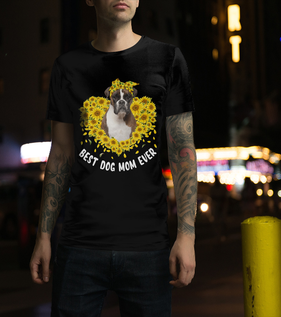 Best Dog Mom Ever Boxer Surrounded By Sunflowers T-Shirt