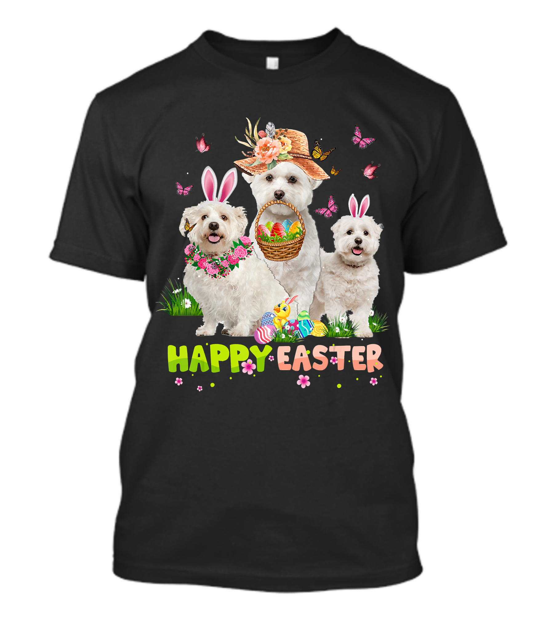 Happy Easter Maltese Dogs Bunny Ears Basket Eggs Butterflies T-Shirt
