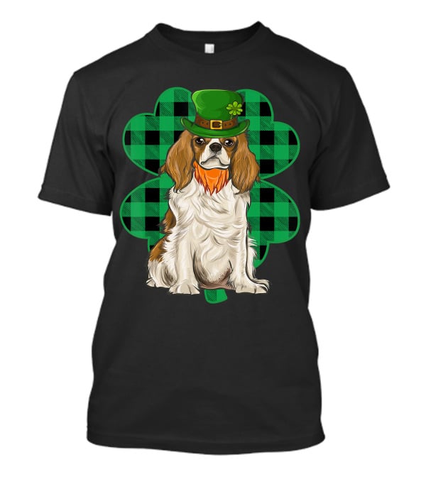 King Charles Spaniel Leprechaun With Shamrock Hat And Plaid Clover T-Shirt