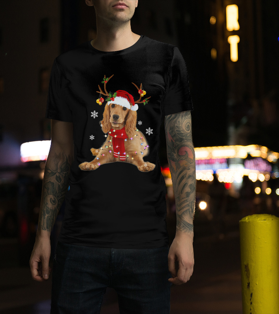 Cocker Spaniel In Santa Hat With Christmas Lights And Reindeer Antlers T-Shirt