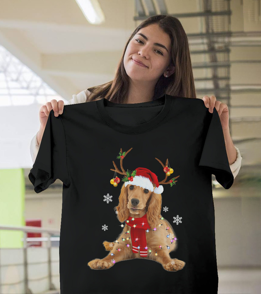 Cocker Spaniel In Santa Hat With Christmas Lights And Reindeer Antlers T-Shirt