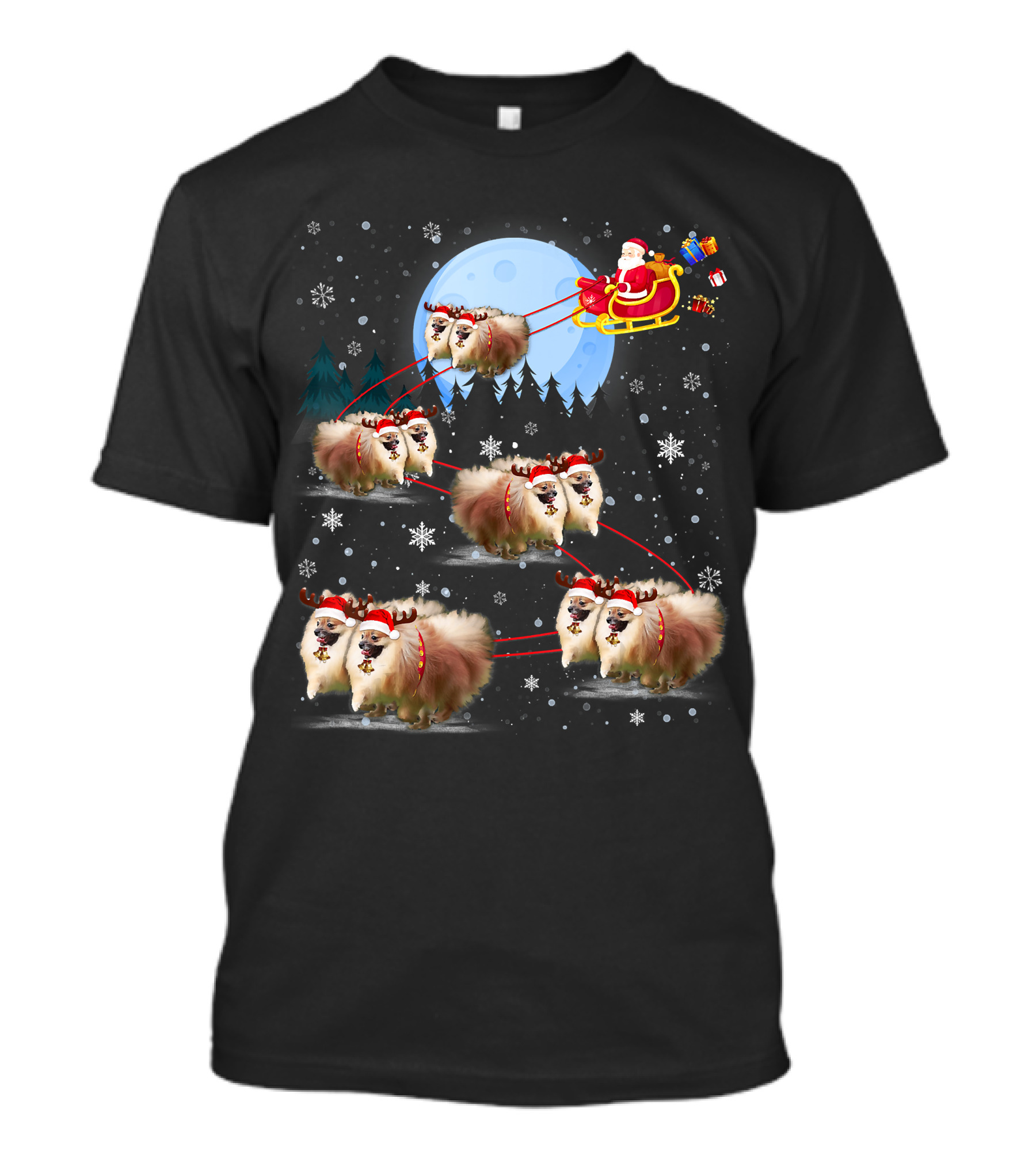 Pomeranian Reindeer Santa Sleigh Christmas Under Moonlight T-Shirt