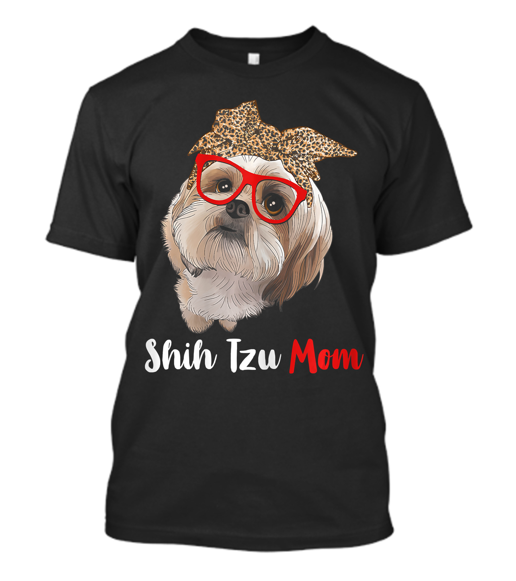 Shih Tzu Mom Leopard Print Bow Cute Dog Lover Red Glasses T-Shirt