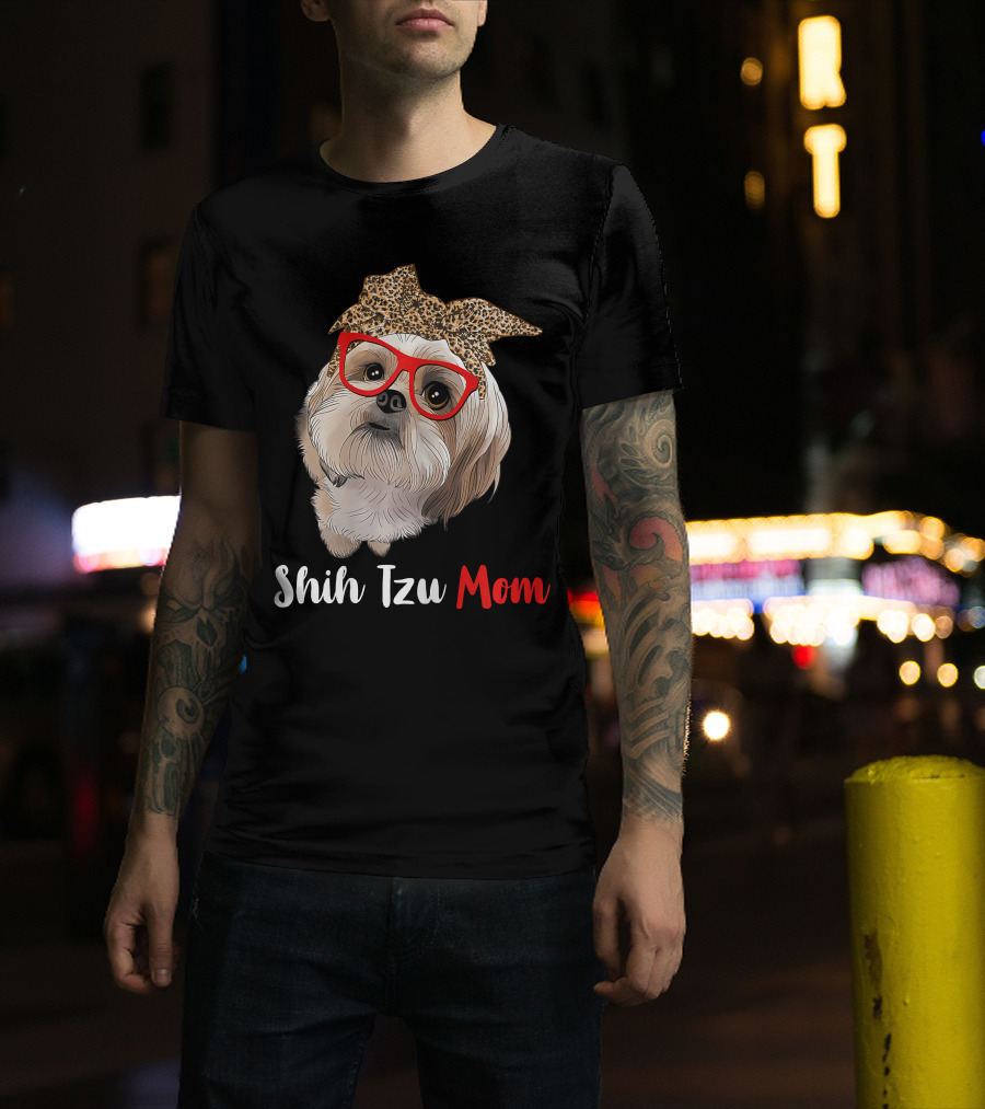 Shih Tzu Mom Leopard Print Bow Cute Dog Lover Red Glasses T-Shirt