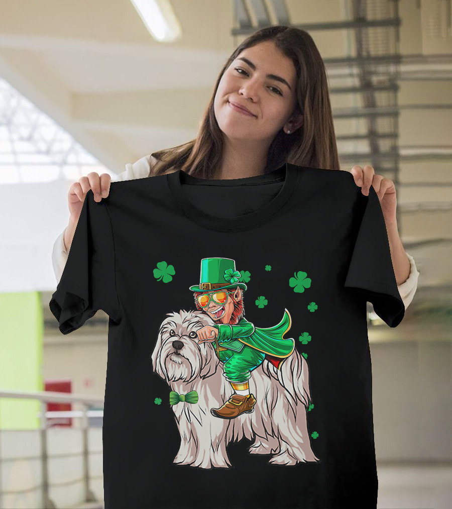 Leprechaun Riding Maltese Dog with Shamrocks T-Shirt
