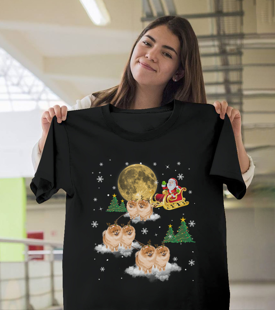 Pomeranian Christmas Santa Sled With Reindeer Funny Dog Love T-Shirt