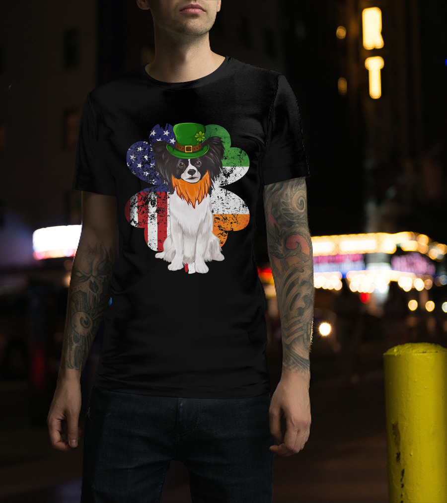 St Patricks Day Irish American Flag Papillon Dog With Leprechaun Hat And Shamrock T-Shirt