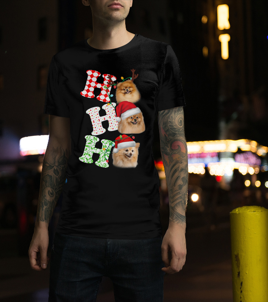 Ho Ho Ho Pomeranian Santa Hat Reindeer Antlers Christmas T-Shirt