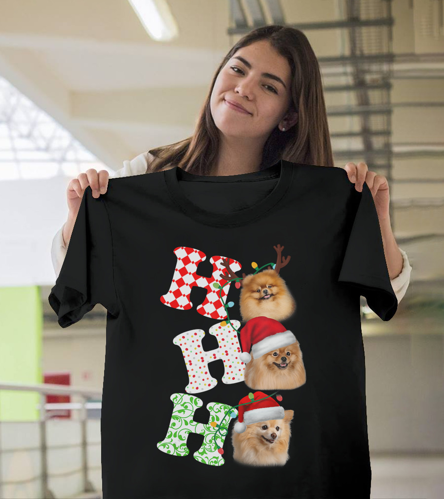 Ho Ho Ho Pomeranian Santa Hat Reindeer Antlers Christmas T-Shirt