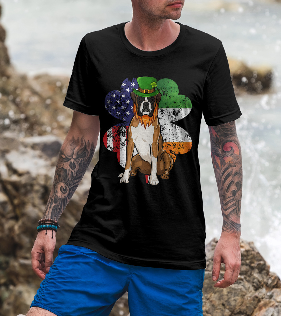 St Patricks Day Boxer Dog With Irish American Flag Shamrock T-Shirt