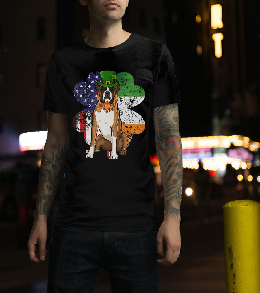 St Patricks Day Boxer Dog With Irish American Flag Shamrock T-Shirt