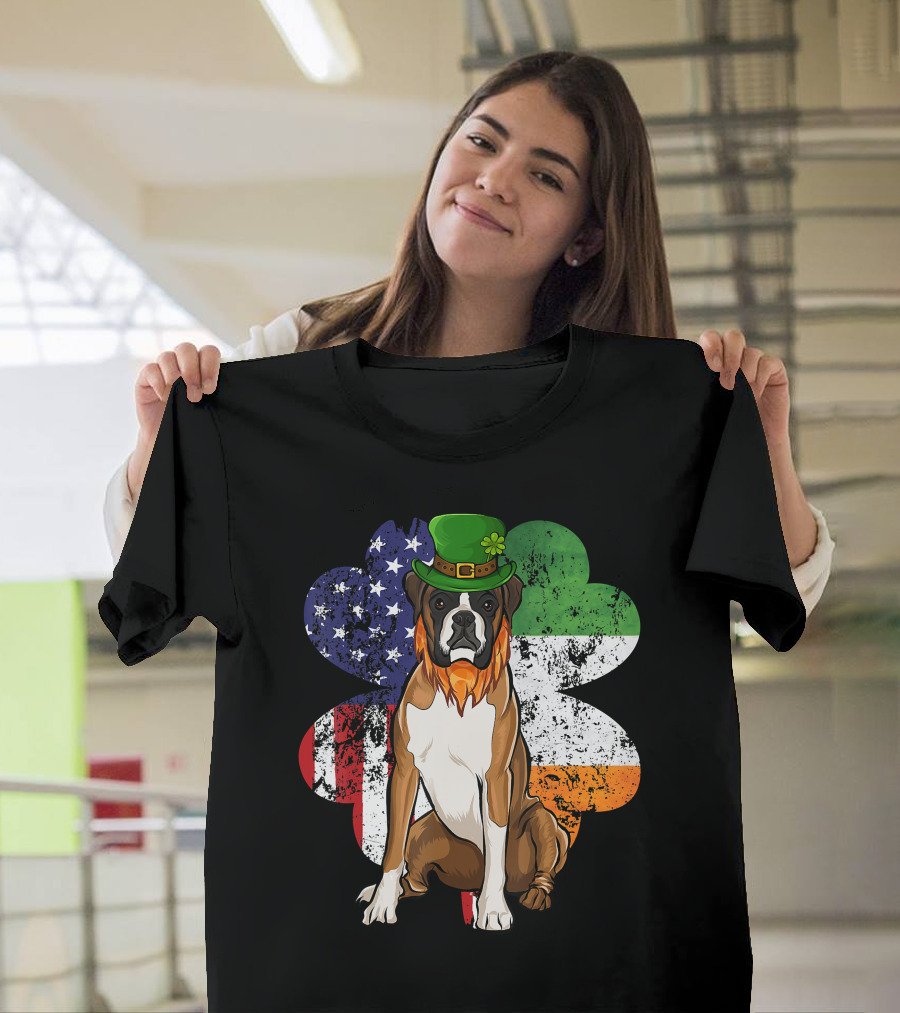 St Patricks Day Boxer Dog With Irish American Flag Shamrock T-Shirt