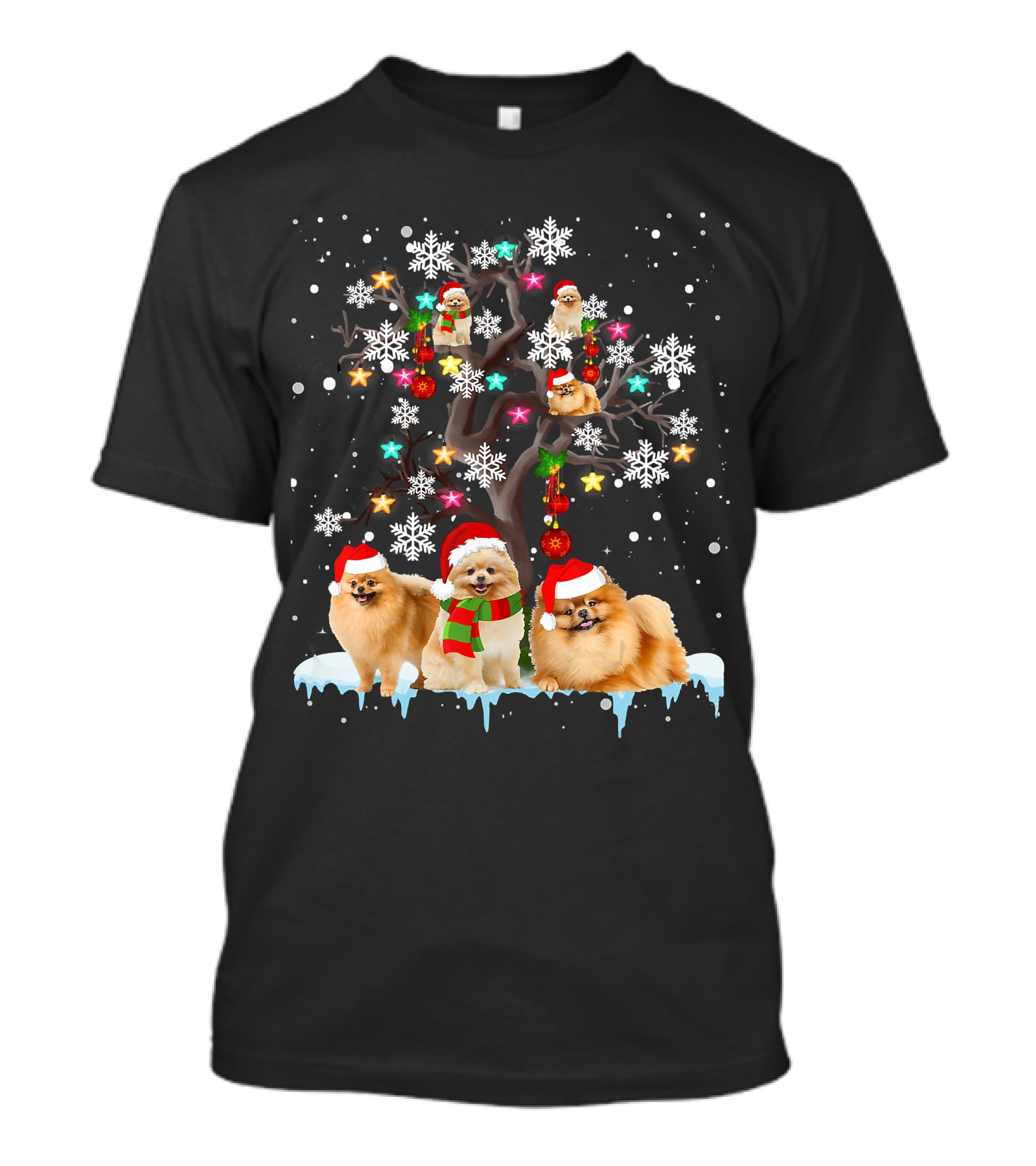 Pomeranian Santa Hat Snowflakes Christmas Tree T-Shirt