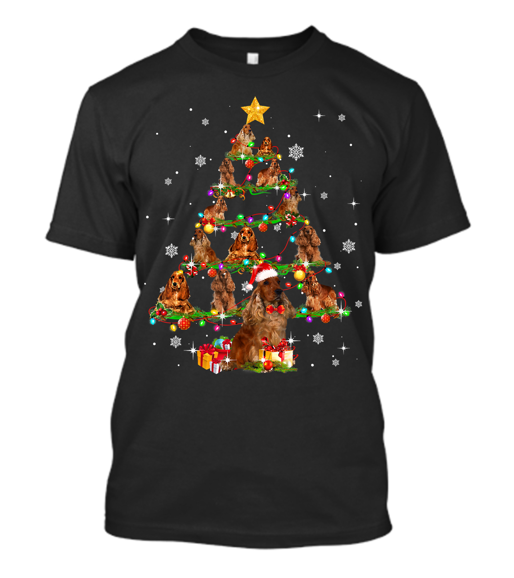 American Cocker Spaniel Christmas Tree Santa Hat Snowflakes Gifts T-Shirt