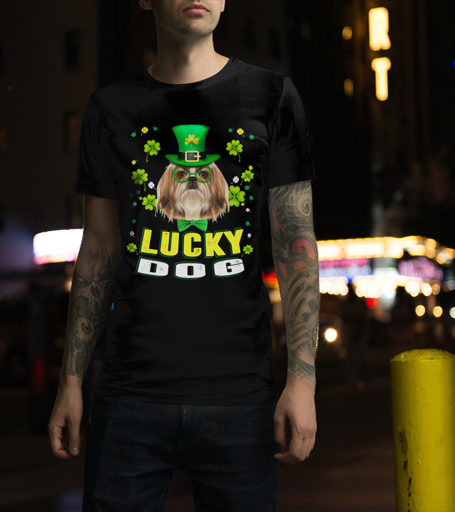 Lucky Dog Shih Tzu Leprechaun Shamrock Festive Green Hat T-Shirt