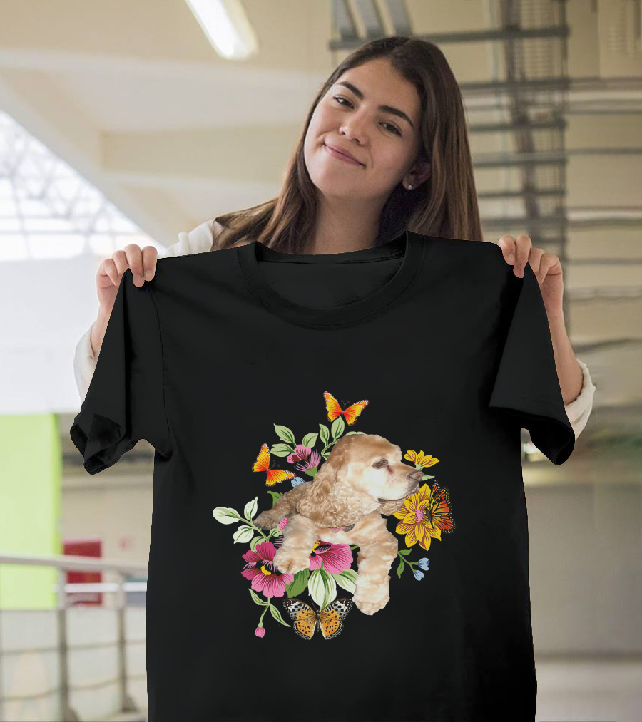 Cocker Spaniel Floral Background Butterflies Loyal Family T-Shirt