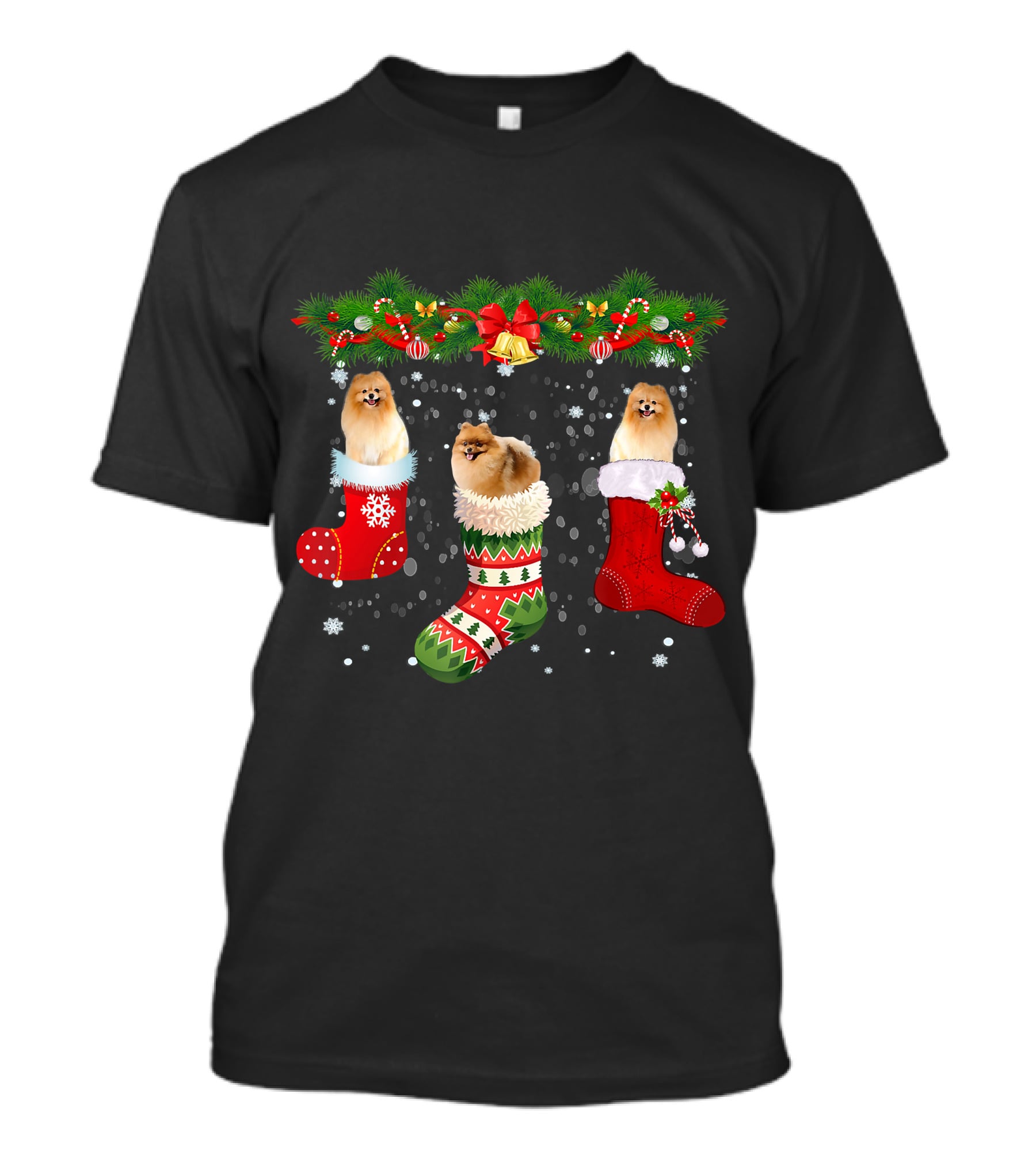 Three Pomeranian Dogs In Christmas Stockings Santa Holiday T-Shirt